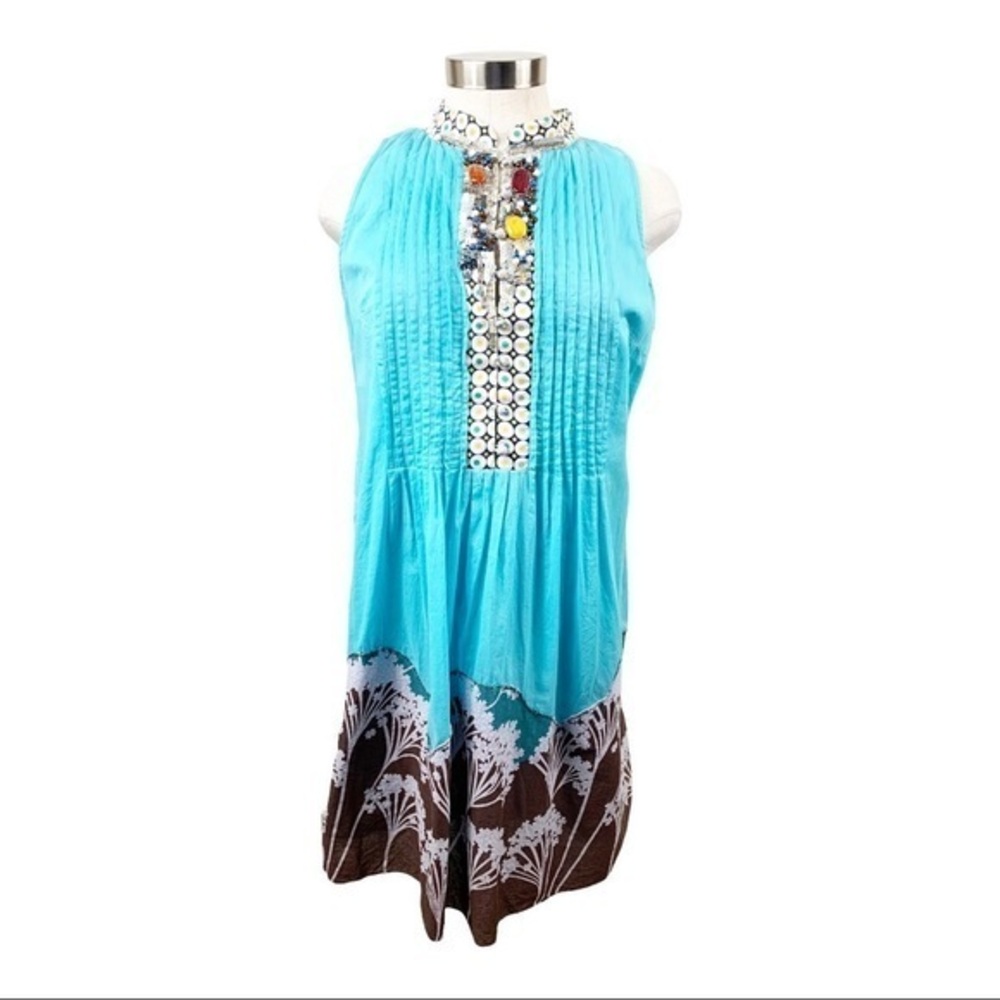 Anthropologie RYU Blue & Brown Beaded Sleeveless Dress‎ Large